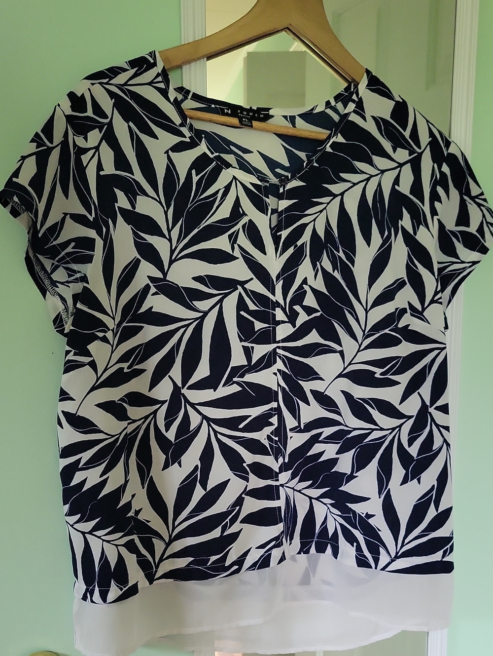 Navy and White Leaf Print Blouse, Women's Petite Large